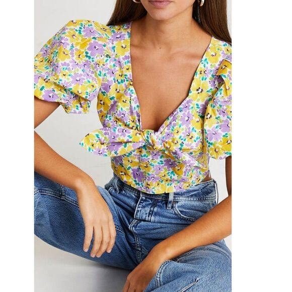 River Island Floral Print Puff Sleeve Crop Top, Yellow/Purple, Small/Size 4, NWT - Picture 5 of 15